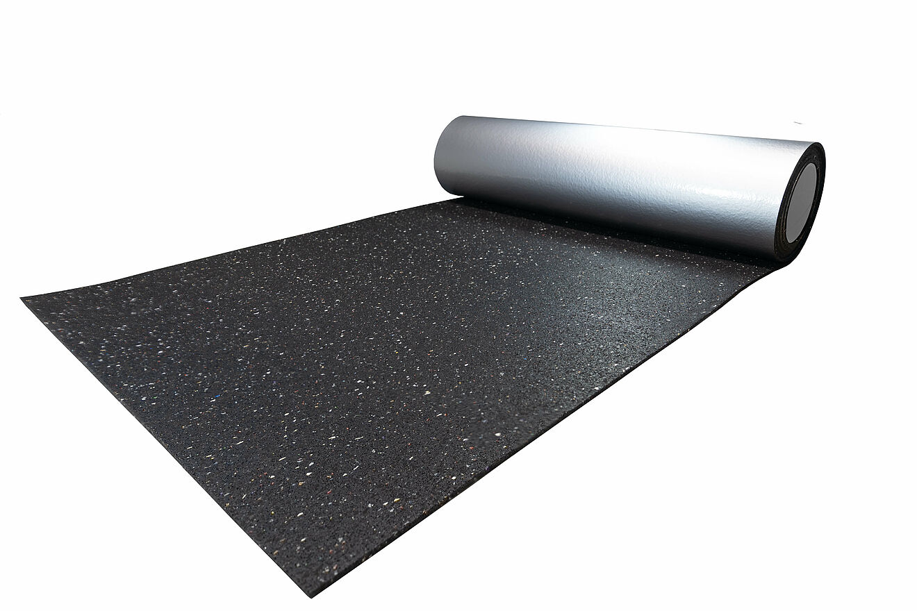 Rolled grey rubber mat with aluminum facing “REGUPOL resist alu” on a white background