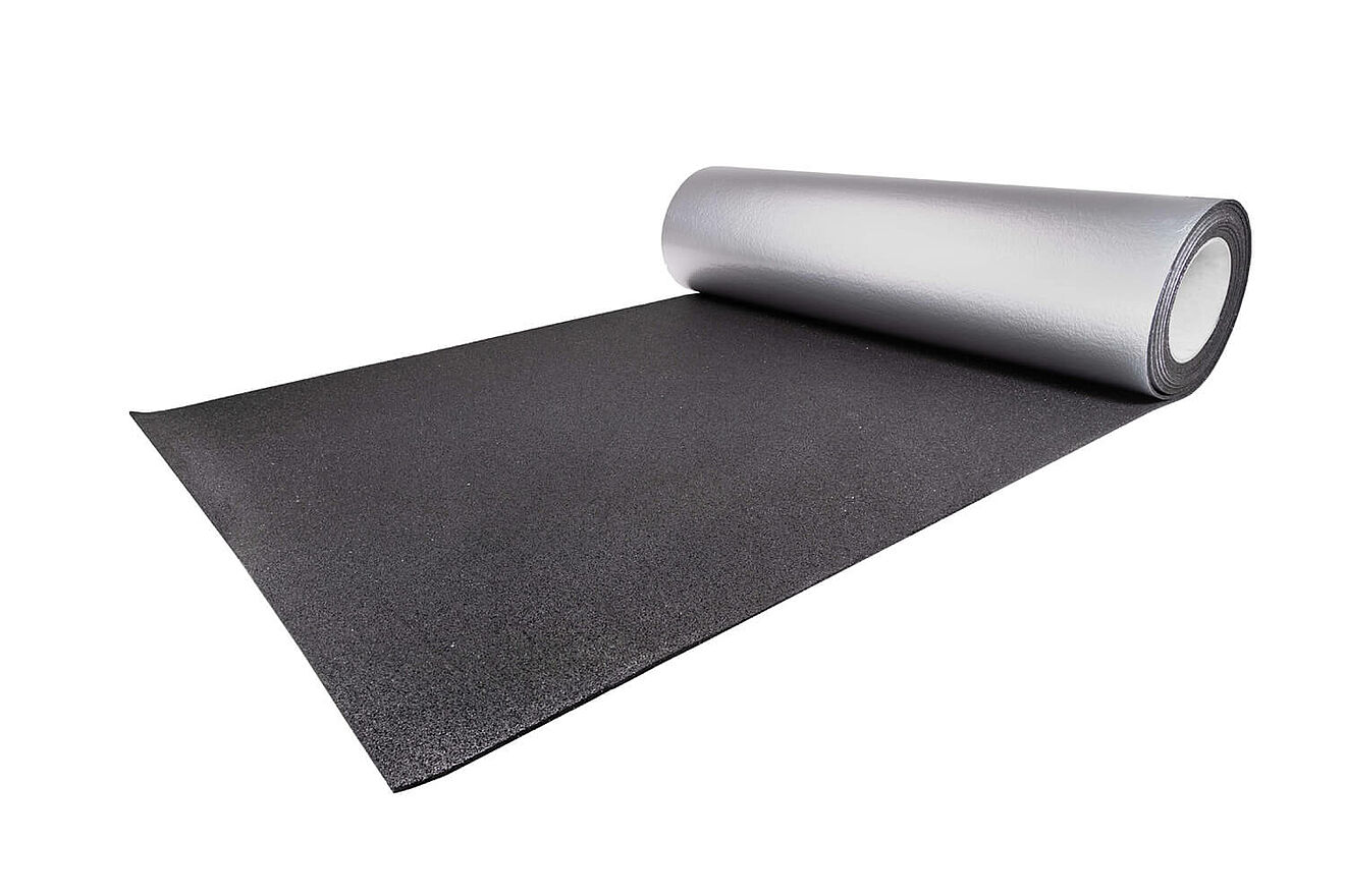 REGUPOL solar alu fire – Aluminum-Faced Fire-Resistant Mat for Solar PV & Roofing Rolled grey protection mat with aluminum facing “REGUPOL solar alu fire” on a white background.